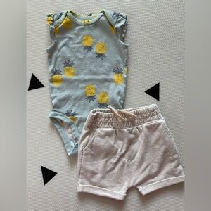Okie Dokie|Baby girl novelty print outfit,pineapple bodysuit,soft lounge shorts•